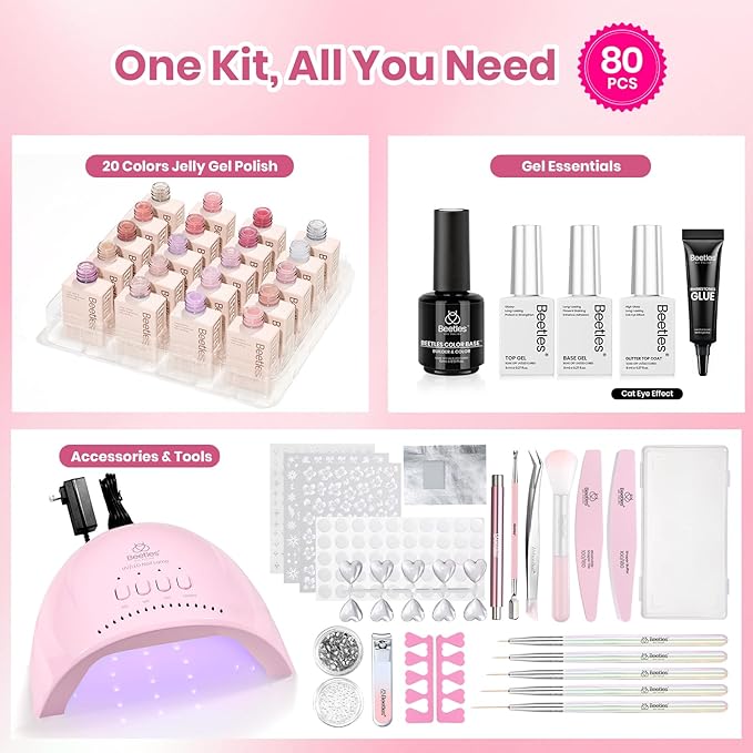 Beetles 20 Color Jelly Gel Nail Polish Set - 80 Pcs Gel Nail Polish Kit with U V Light Milky Pink Nude Red Glitter Sheer Daylight Nails Kit with Cat Eye Top Coat Rubber Base, Women Teens Girls Gifts