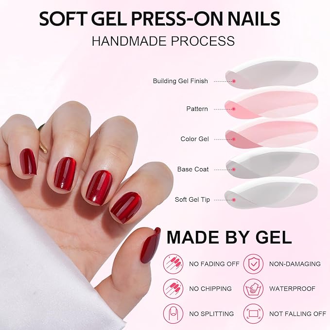 Short Red Fake Press On Nails - Findigit Cat Eye Square Stick On Nails with Nail Glue, Reusable Soft Gel Glue On Nails Kit Fit Natural False Nails for Women 16 Sizes - 32 Nail Kits, Square Ruby Red