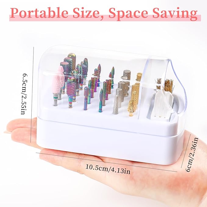 2 in 1 Nail Drill Bits Holder & Cleaner, 30 Holes, Dustproof Storage Box, Includes 3 Cleaning Brushes, White, Acrylic Plastic, Cosmetic Nail Set, Kit