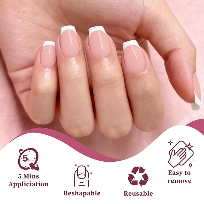 120PC White French Tip Press on Nails Short Fake Nails Press ons with 5*Adhesive Tabs, Pink Coffin Acrylic Nail Press on Nail French Tip Nails False Artificial Fingernails Stick on Nails-H