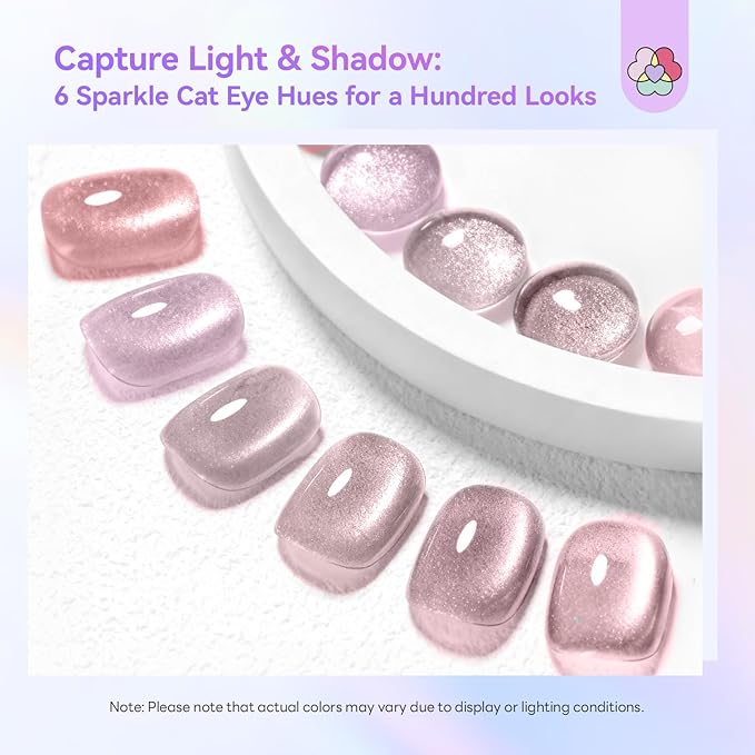 SAVILAND Cat Eye Nail Polish Kit: 6+1 Colors Quick-Dry Magnetic Sparkle Diamond Glitter Nude Pink Nail Polish Set with 3-in-1 Base Top Coat Cuticle Oil 12-Free Fingernail Polish Women Gift