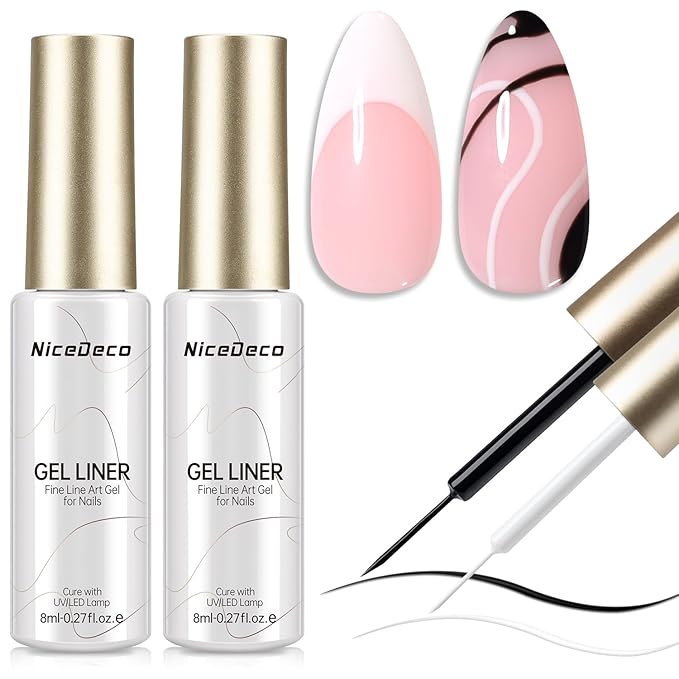 Nicedeco Gel Polish Nail Art Liner Gel 2 Colors, Hema Free, Cruelty Free, Vegan, Black White Nail Design for French Manicure
