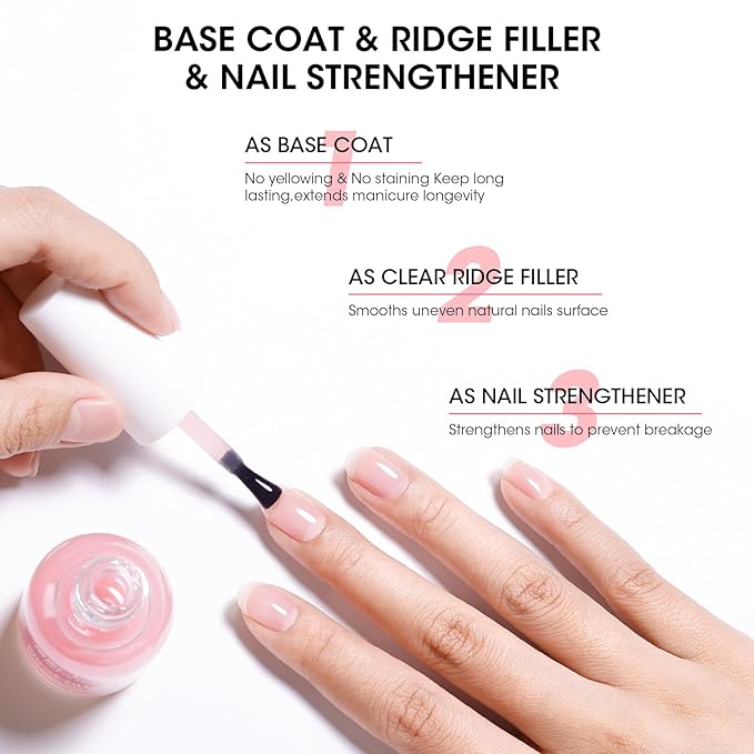 GELLEN Clear Nail Polish Ridge Filling Base Coat, Sheer Milky Pink Tint Ridge Filler For Nails | Hydrate Fortify Repair Damaged Dry Finger Nails | Shea Butter, Vit E, Protein | Toxin HEMA TPO Free