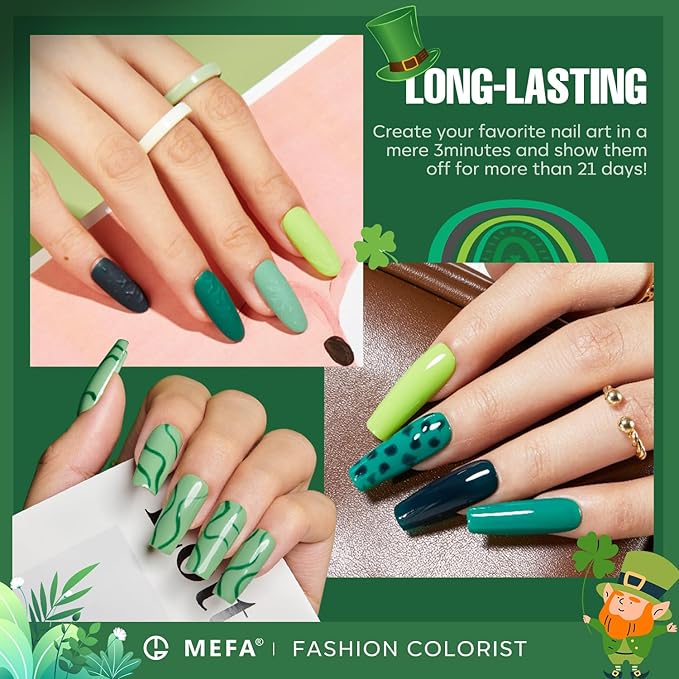 MEFA Green Gel Nail Polish, St. Patrick's Day 6 Colors Green Glitter Nail Polish Gel Dark Avocado Sage Evergreen Sparkle Polish Set Soak Off Nail Art DIY Salon Manicure Nail Art Gifts for Women