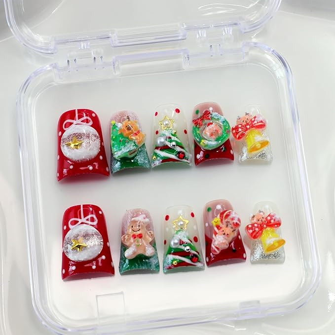 10Pcs Handmade Christmas Press on Nails Short Duck Fake Nails with Glue Winter Christmas False Nails Cute Design Xmas Multi-Layer Acrylic Nails Press ons Reusable Handmade Glue on Nail for Women (M)