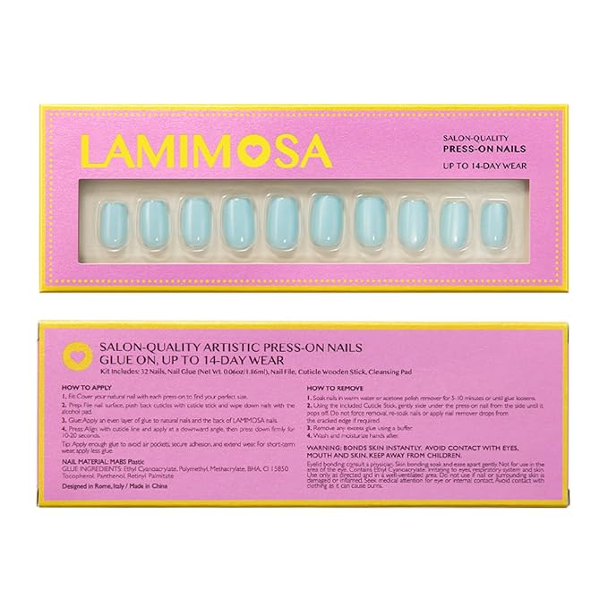 LAMIMOSA 32Pcs Light Blue Cat Eye Press On Nails Short Square, Soft Gel Baby Blue Fake Nails in 16 Sizes, Reusable Glue on Nail kit, AQUAMARINE QUARTZ