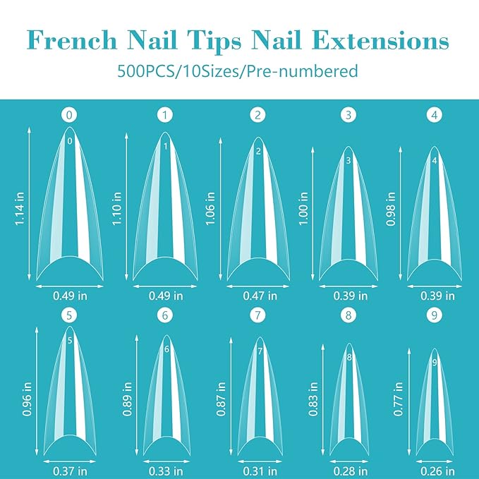 Lionvison 500PCS Clear Stiletto Nail Tips, Medium Wide Acrylic Nail Tip for Dip Powder, Half Cover False Nail Tip, French Tips Nail Extensions for Nail Salon, 10 Sizes Fake Nail Tips
