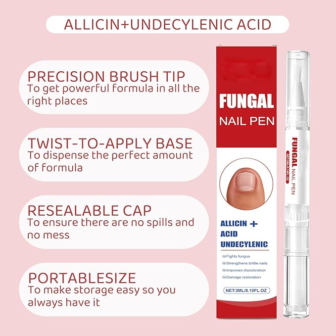 Fungal Nail Pen with Allicin & Undecylenic Acid, Extra Strength Nail Repair for Yellow, Discolored, Thick or Damaged Nails, Toenail & Fingernail Care (2PCS)