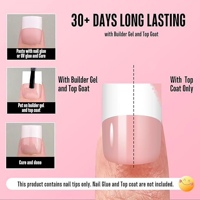 NOVO OVO Old School Wide White French Short Sharp Square Tip Nail Tips Press on BABY PINK, Need Builder Gel Top Coat Nail Glue, Soft Gel Full Cover Fake Nail Extension, for DIY x 15 Sizes 240 pcs