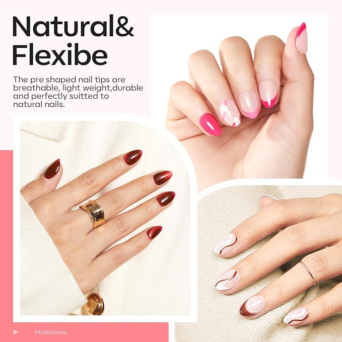 modelones X Nail Gel Kit Almond, Upgraded 15Sizes Fake Nails 510Pcs, 9-in-One Glue Prep Dehydrator & Portable Mini U V Light Acrylic Clipper, Extra Short Almond Press on Tips Extension Kit