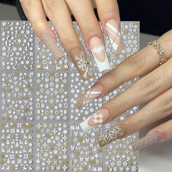 12 Sheets White Snowflakes Nail Art Stickers Decals, Pegatinas Uñas 3D Self-Adhesive Christmas Gold Snowman Elk Xmas Winter Nail Decals, Zoance Nail Art Design Decoration Accessories for Acrylic Nail