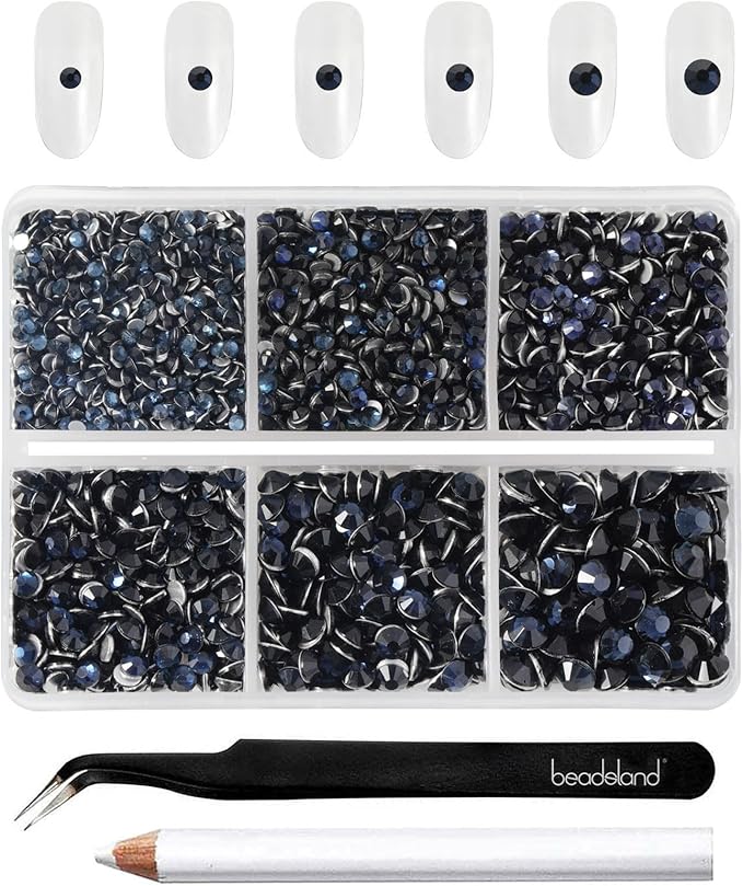 Beadsland 4300pcs Flatback Rhinestones, Dark Blue Rhinestone Nail Gems Round Crystal Rhinestones for Crafts,Mixed 6 Sizes with Picking Tweezers and Wax Pencil Kit, SS6-SS20, Montana