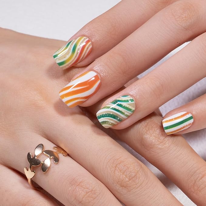Curvlife Press on Nails with Colored Glass Design Full Cover Fake Nails for Women Reusable Nail Kit with Nail Glue Adhesive Tabs