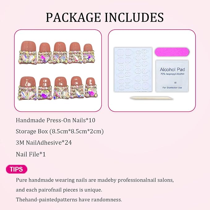 Luxury 3D Crystal Handmade Press on Nails Short Duck False Nails with Colorful Rhinestones Designs Salon DIY Thick Manicure Reusable French Tip Glossy Pink Fake Acrylic Nail Art for Women（S)