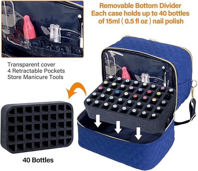 Nail Polish Organizer Case Holds 40 Bottles(15ml/0.5fl.oz) and Nail Lamp, Double Layer Nail Polish Storage with Adjustable Dividers,Portable Carrying Bag for Nail Kit, Manicure Tools Blue