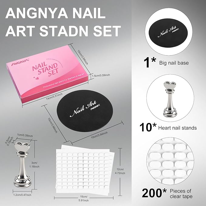 ANGNYA Nail Stand for Press Ons,Round Shape Super Magnetic Base Nail Holder for Painting Nails with 200 Pcs Reusable Double-Sided Tape for Nails Practice Nail Tools Home DIY Salon Supplies