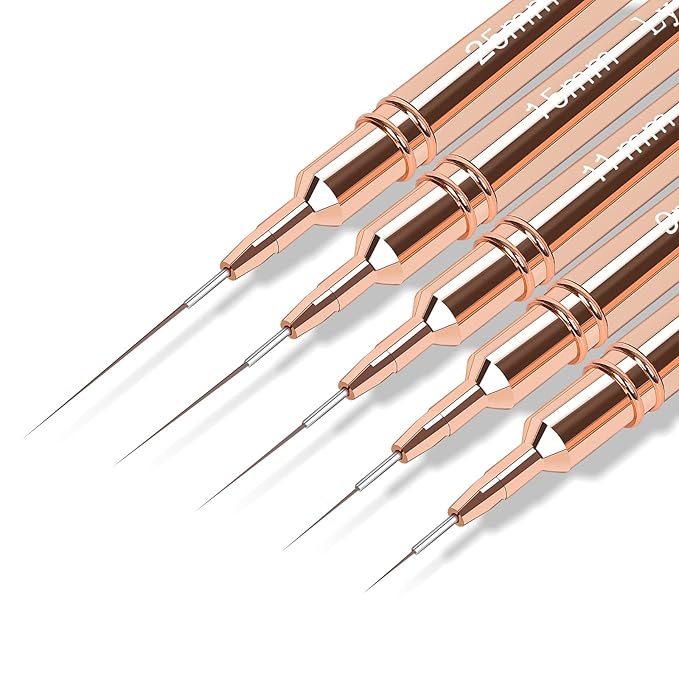 5pcs Nail Art Liner Brushes,Liner Brush For Nails Gel,Painting Art Design Brush Set Nail Dotting Drawing Tool For Long Lines, Thin Details, Fine Drawing Sizes 7/9/11/15/25mm（Rose Golden）