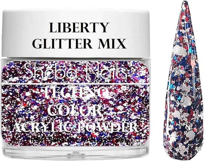 SHEBA NAILS Glitter Dip Powder Patriotic Nail Art Variety Kit- 1/4 oz Jar Each Candy Apple Red, Navy, Glitterize Winter White, & Liberty Custom Glitter Mix
