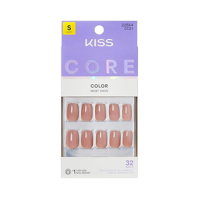 KISS CORE, Press On Nails, Nail glue included, 'Embullience', Beige, Short Size, Squoval Shape, Includes 32 Nails, 2g Glue, 1 Manicure Stick, 1 Mini File