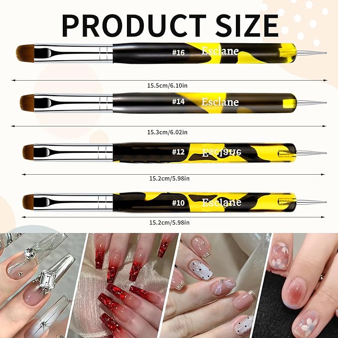 French Manicure Brush, Esclane 2 Way French Nail Brush with Dotting Tool for Manicure Cuticle Clean Up Nail Art Design, French Tip Brush (Yellow, #14)