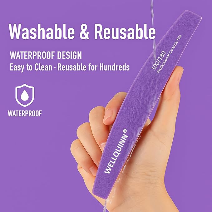 Professional Nail Files, 100/180 Grit Double Sided Ceramic Board for Nails, 10 Pcs Washable Coarse Fingernail File for Acrylic and Extension Gel Removal Manicure Kit Salon Home Use, Violet