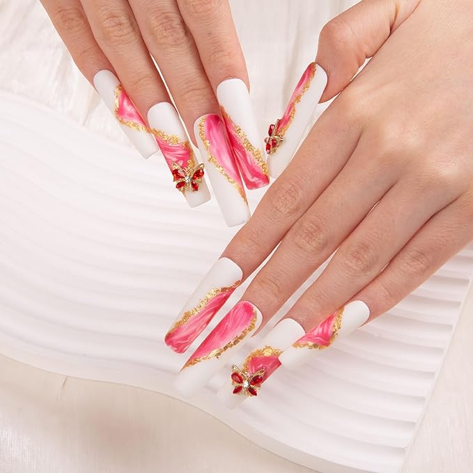 LOVFUL Press on Nails Into The Pink| Handmade with Full Covered Crystals| Reusable Fake Nails| Square Mid length 1.7in| H243-S