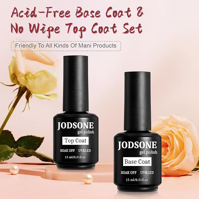 JODSONE 2 Bottles of Top Coat Base Coat Set No Wipe Foundation Combination Bright Surface At Home DIY Nail Salon Girl Gift