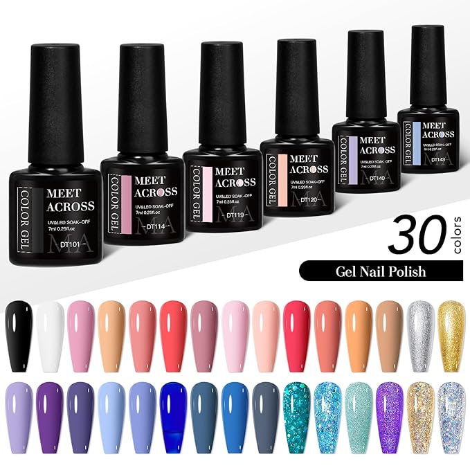 MEET ACROSS 30pcs Gel Nail Polish Set, 30 Colors Gel Polish All Seasons Nude Pink Blue Glitter Gold Silver Black White Nails Art Kit DIY Salon at Home
