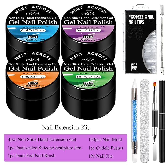 MEET ACROSS 9Pcs Neon 3D Builder Gel Kit for Nail Art Orange Green Blue Purple Non Sticky Hand Carving Extension Solid Builder Gel for Nails with Silicone Pen Manicure Kit 4 Colors