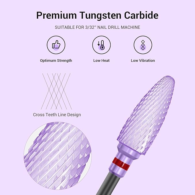 MelodySusie Ceramic Nail Drill Bit, 3/32'' (2.35mm) Professional Acrylic Nail File Flame Drill Bit for Manicure Pedicure Cuticle Gel Nail Polishing, Beginners Bits, Purple, Series Bit-S, Extra Fine