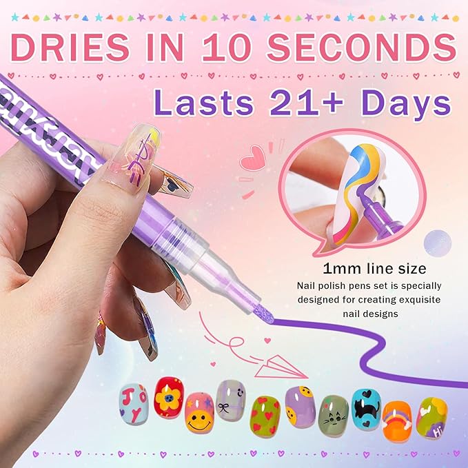 12 Colors Nail Art Pens Set, Nail Polish Pens for Nail Art Quick Drying 3D Acrylic Paint Markers for Painting Dotting Liner Pen Nail Salon DIY Design Kit