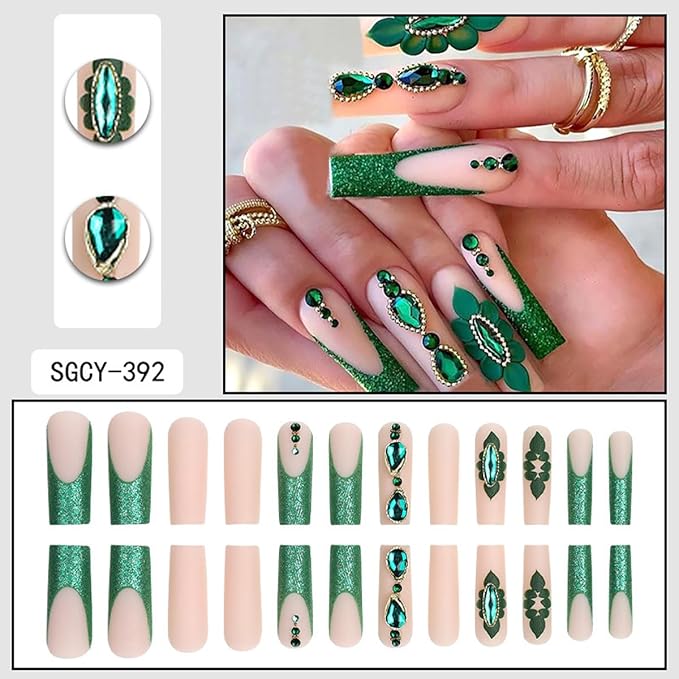 Long Square Press on Nails Green French Tip Fake Nails Green Gem Flower Design Full Cover Glossy Glue on Nails for Women 24PCS