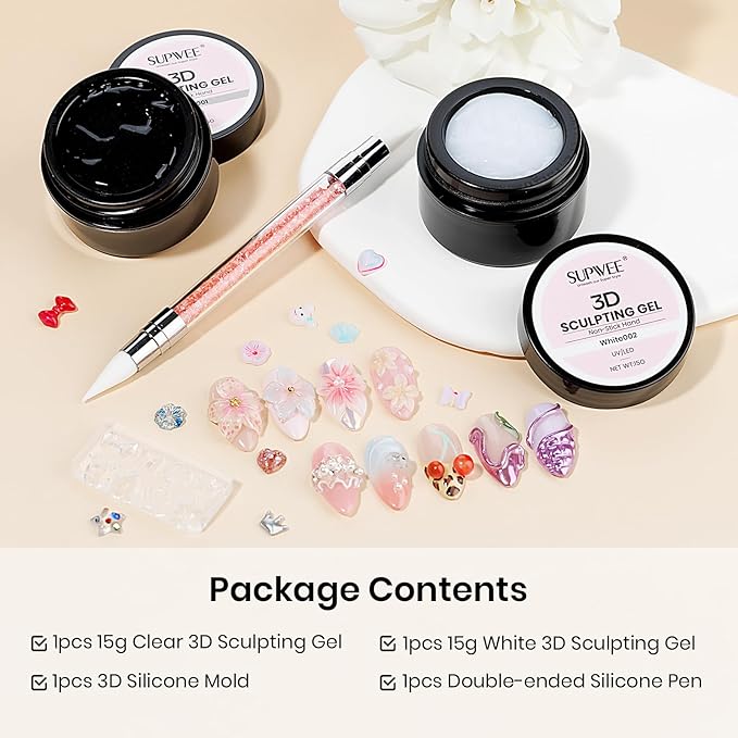 3D Nail Gel Sculpting Gels for Nail Art, Clear&White Hard Solid Builder Gel Non-Sticky Extension for Carving Molding with Silicone Mold Silicone Pen Designs DIY Manicure at Home