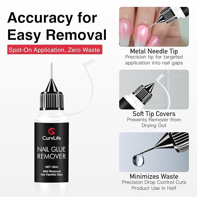 Curvlife 20ml Pinpoint Nail Glue Remover for Press on, Multi-Functional Remover for Nails Tips, Gentle Glue Remover for Gel x Nails, Non-Acetone Nail Polish Remover (Pack of 2)
