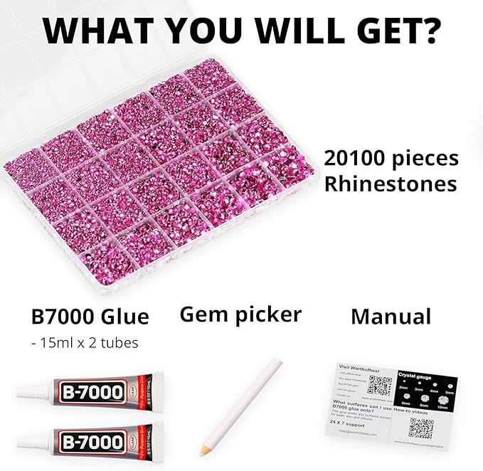 20100Pcs Fuchsia Resin Rhinestones 2,3,4,5,6mm Flatback for Bedazzling Crafting Crafts Clothing Clothes Fabric Shoes Nail Art, Flat Back Gems Diamonds Bedazzler Kit Bulk Jewels Crystals Gemstones