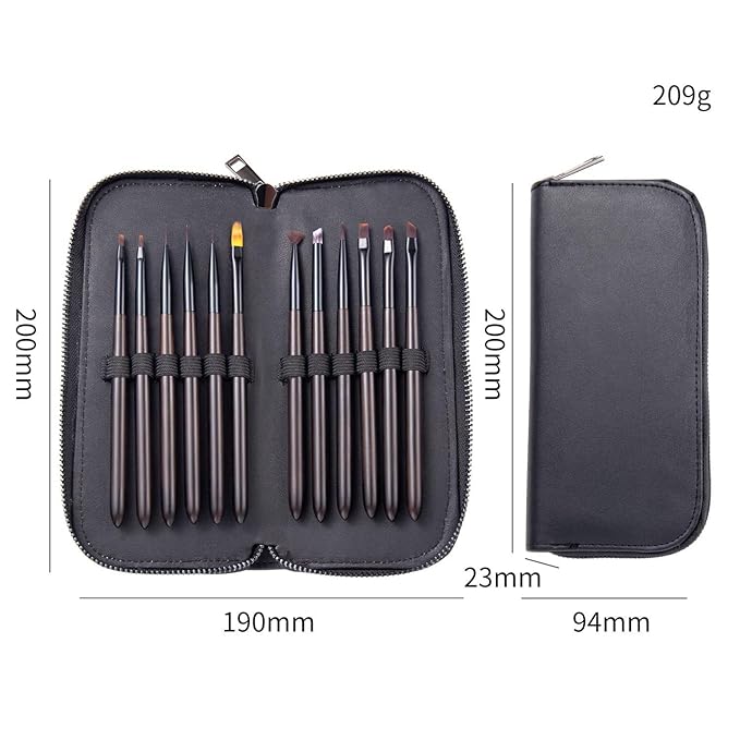 Nail Art Brushes Set, 12 Peices Professional High-end Sandalwood Nail Art Design Pen Painting Tools with Leather Pouch, Nail Art Liner Brush and Nail Dotting Pen for Gel Polish Manicure Salon DIY at Home (Black)