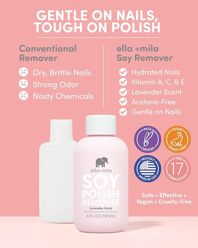 ella+mila Soy Nail Polish Remover - Non-Acetone, Non-Toxic Fingernail Polish Remover for Natural Nails - Gentle, Vegan Formula with Lavender Oil & Vitamins A, C & E (4 fl oz)