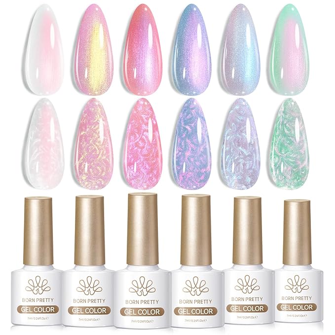 Born Pretty 6 Colors Pearl Gel Nail Polish Set,Aurora Iridescent Shimmer White Pink Purple Mermaid Glitter Gel Polish Shell Swirl Thread Effect Glitter Silk Soak Off U V LED Gift for Women & Girls
