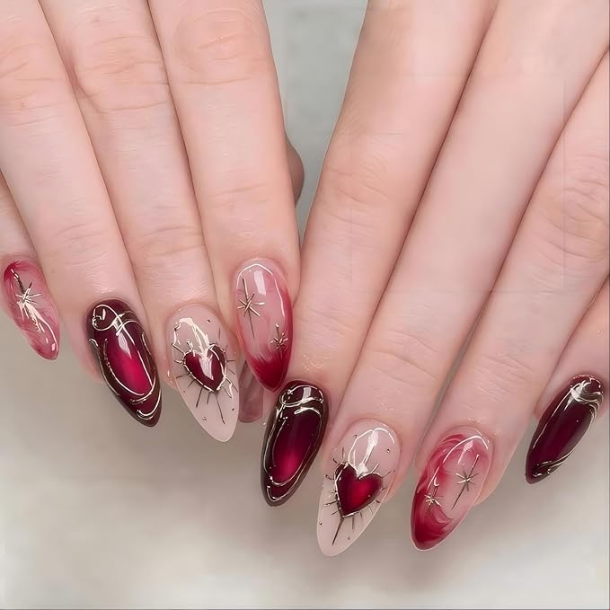Almond Press on Nails Medium Fake Nail Valentine's Day Red Hearts Designs False Nails Press Ons Gift for Women 24pcs
