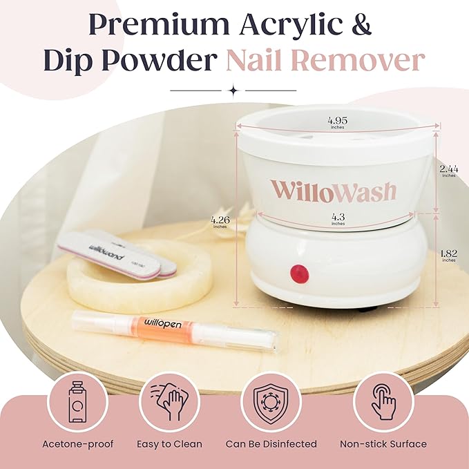 Willowash Electric Nail Soaking Bowl – Acetone-Proof Acrylic Nail Remover Kit for Home – Dip Powder & Acrylic Soak Off Bowl – 100% Pure Acetone Warmer Machine, Manicure Soaking Bowl with Tools