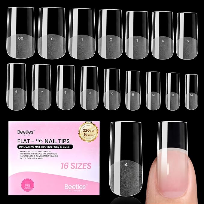 Beetles Gel Nail Tips Flat-X - Square Medium, 320pcs 16 Sizes, Pre-Etched Half Matte Full Cover Soft Acrylic Press on False Nail Extension Tips Easy DIY Salon Art for Flat & Natural Nail Beds