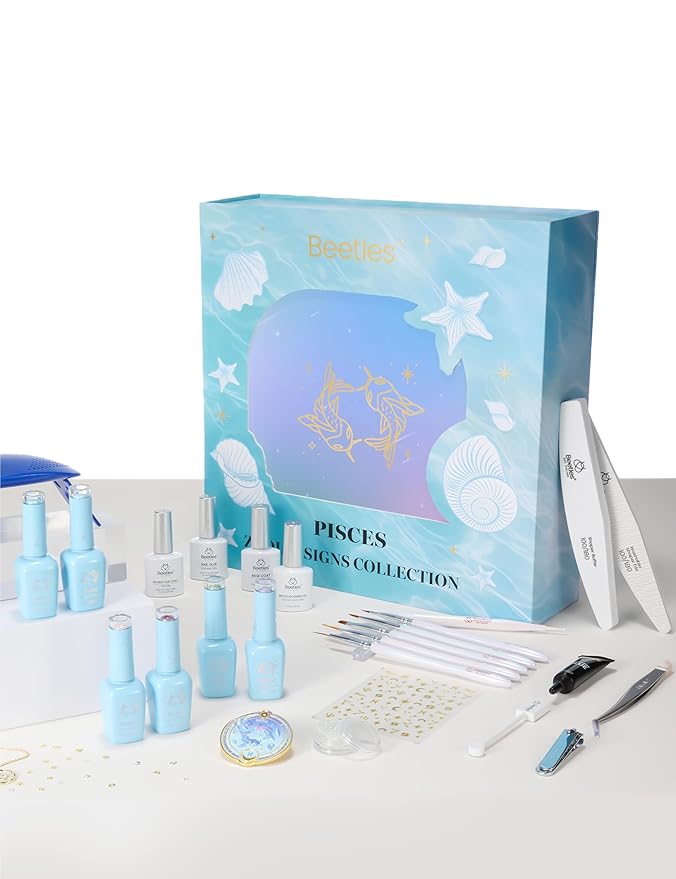 Beetles Pisces Fantasy Lucky Box, Pisces Zodiac Gel Nail Polish Kit Blue Purple Green Pink Colors, All-in-One Nail Art Set with Tools, Necklace Badge, Salon DIY Zodiac Gift for Women