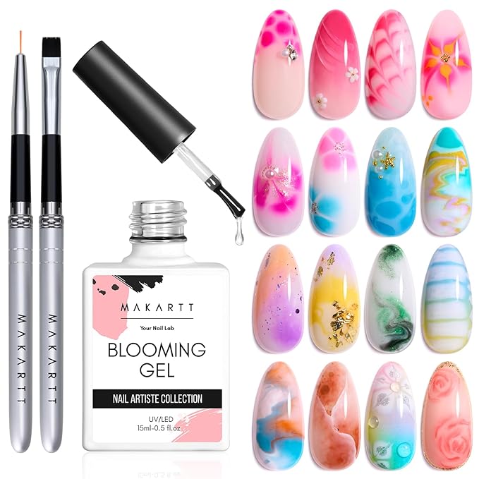 Makartt Blooming Gel: Clear UV LED Nail Art Polish and Nail Brush for Spreading Effect Marble Soak Off Nail Polish Gel Painting Nail Designs for DIY Color Floral Watercolor Manicure Gift for Women