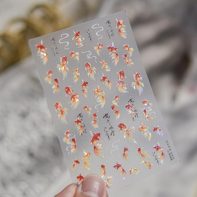 Goldfish Nail Stickers for Nail Art 5D Embossed Koi Fish Nail Art Stickers Koi Nail Decals Chinese Style Summer Nail Supplies Design for Women Girls DIY Nail Art Decorations