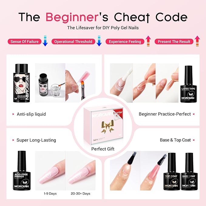 Morovan Poly Gel Nail Kit: All-in-One Beginners Practice Full Set With UV light & Slip Solution For Teens Nail Extension Gel Kit Starter At Home User Friendly & Salon Results for Home Manicures