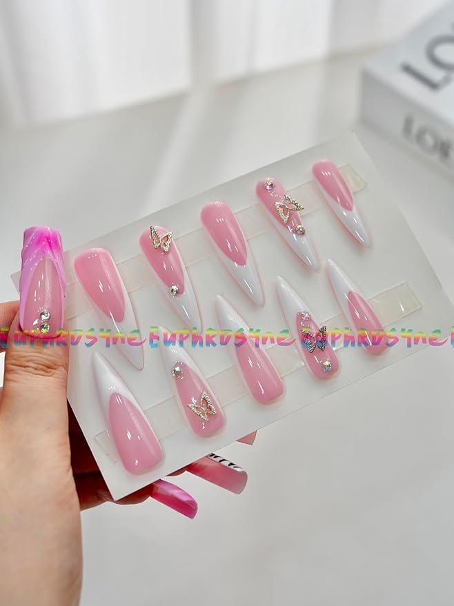 Press On Coffin Nails – 10PCS Long Pink French Tip Nails with Butterfly Rhinestones, Glossy Reusable Fake Nails for Women and Girls – Euphrosyne