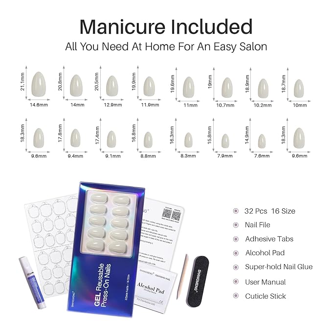 White Press on Nails Short - SHANGMENG Soft Gel Almond Press on Nails for Women Gift, Fit Perfectly & Natural Glue on Nails in 16 Sizes - 32 Reusable Fake Nails with Glue, Milky White