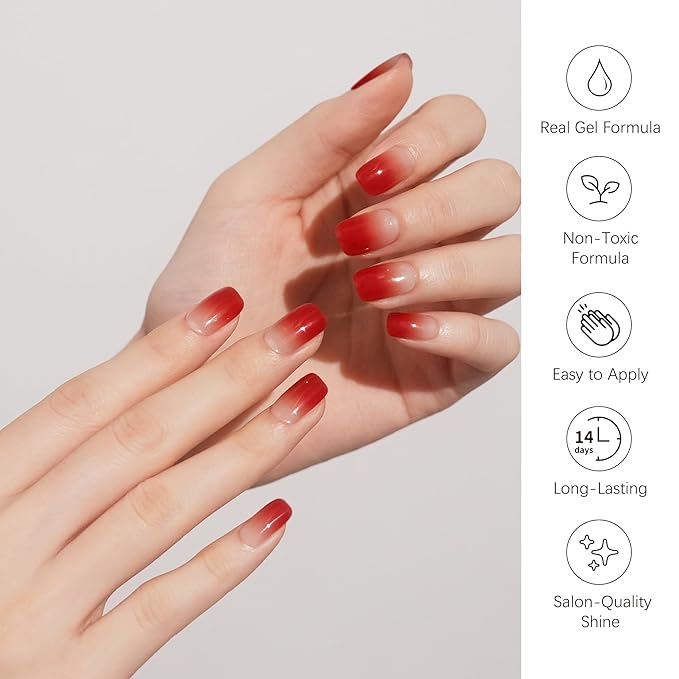 DANNI & TONI Semi Cured Gel Nail Strips Red Ombre Winter Gel Nail Wraps 28 Stickers | Glass Rouge