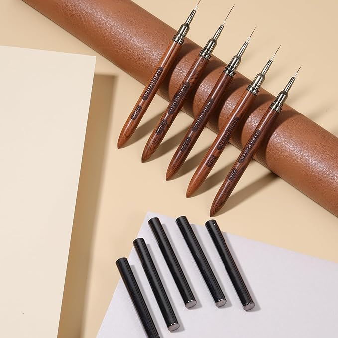 5 PCS Nail art brushes, Nail Art Liner Brushes Thin Liner Nails Brush Set for Thin Details, Painting Arts Design, Long Lines, Fine Drawing Sizes 6/9/12/15/18mm, Natural