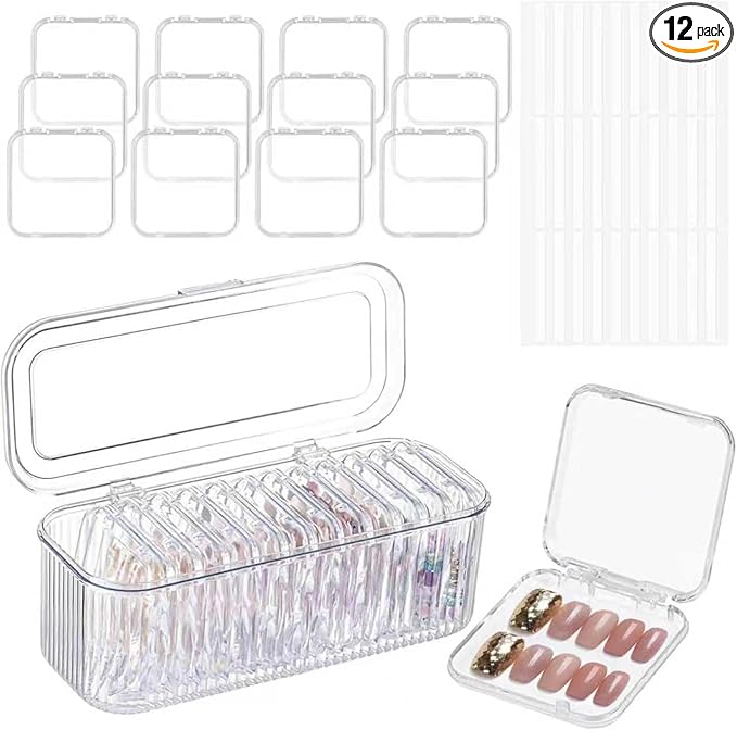 Clear Press On Nail Storage Containers 12-Pack Stackable Cases, Press Ons Nail Packaging Organizer Case, Acrylic Tips and Fake Nails Display Box for Travel and Salon Use (Clear 01)